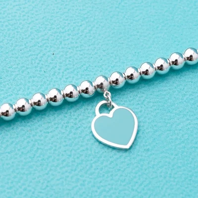 Pulsera de Cuentas con Corazón Esmalte Azul en Plata 925