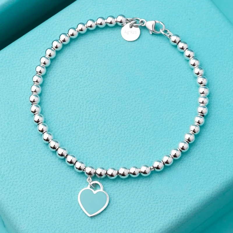 Pulsera de Cuentas con Corazón Esmalte Azul en Plata 925