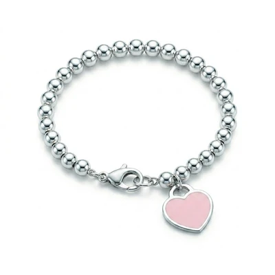 Pulsera de Cuentas con Corazón Esmalte Rosa en Plata 925
