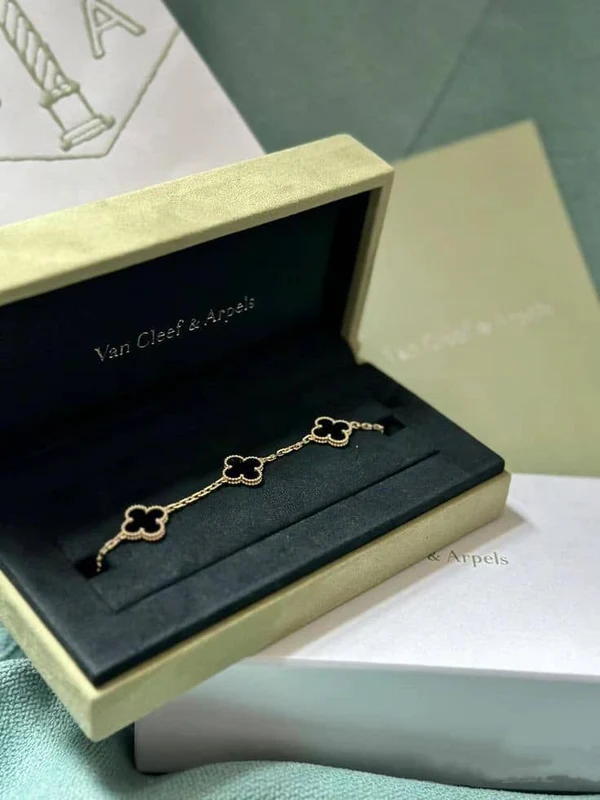 Pulsera Van Cleef Trebol Oro 18k Alhambra Onix Real Con Kit de Regalo