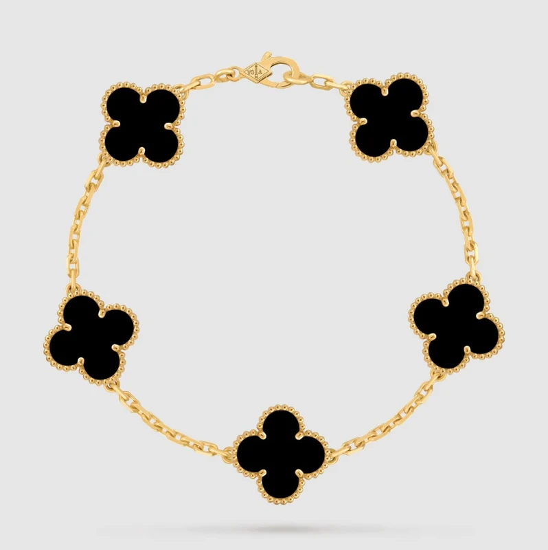 Pulsera Trébol Cinco Motivos Ónix Tono Oro Amarillo con Kit de Regalo
