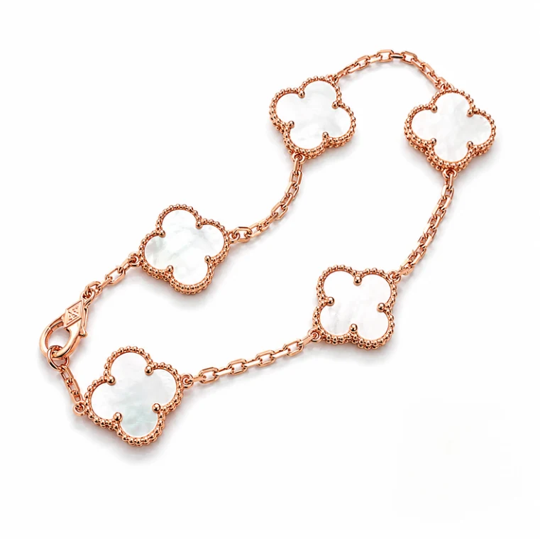 Pulsera Trébol Cinco Motivos Nácar Tono Oro Rosa con Kit de Regalo