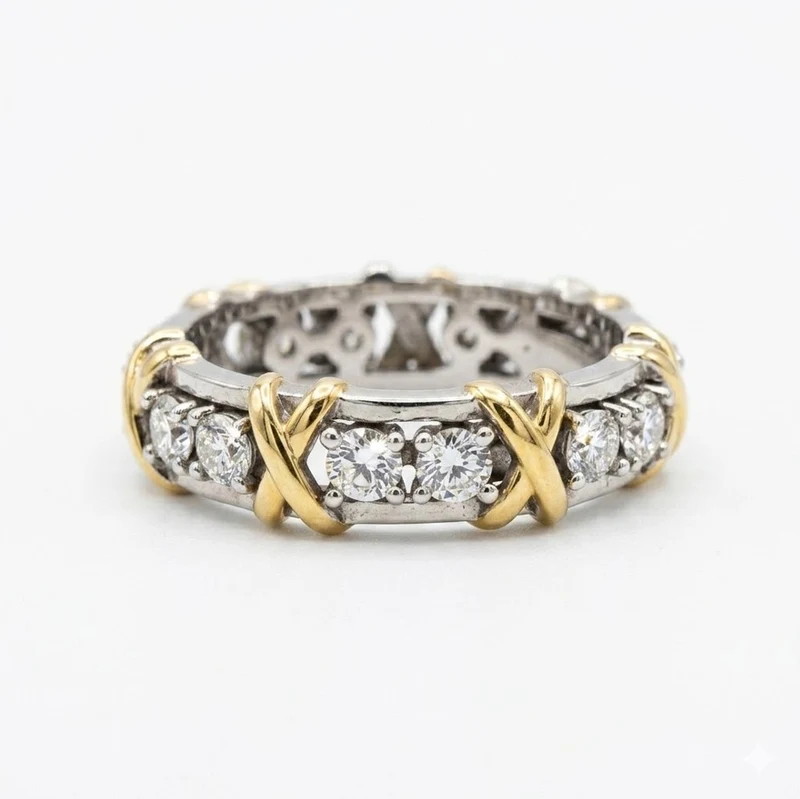 Anillo Punto Cruzado con Piedras en Plata 925 y Tono Oro