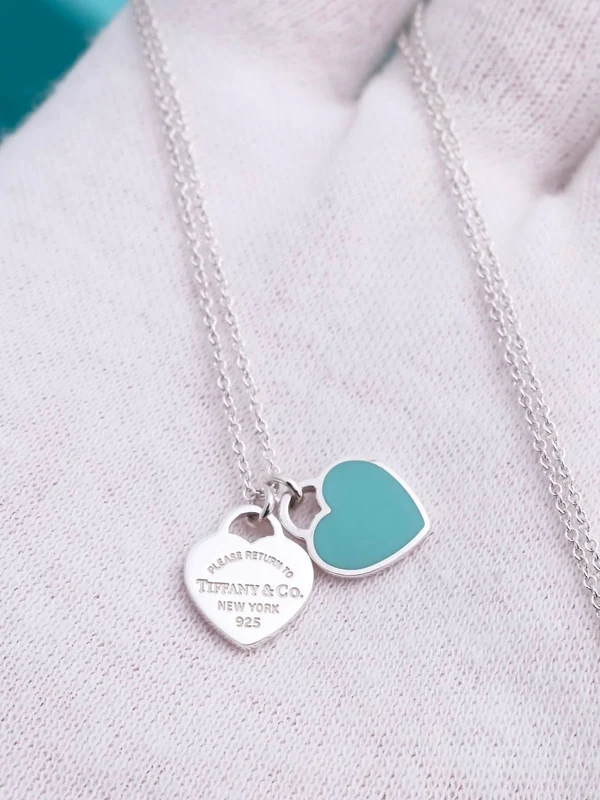Collar Mini Doble Placa de Corazón Azul en Plata 925 con Kit de Regalo