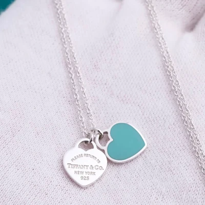 Collar Mini Doble Placa de Corazón Azul en Plata 925 con Kit de Regalo