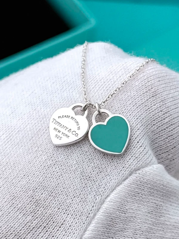 Collar Mini Doble Placa de Corazón Azul en Plata 925 con Kit de Regalo