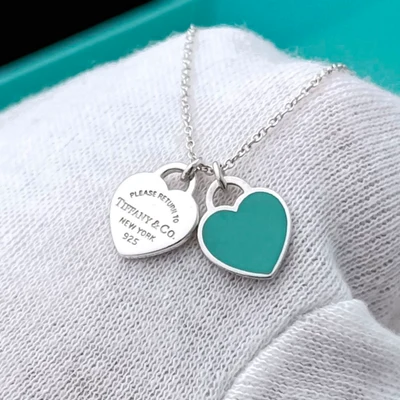 Collar Mini Doble Placa de Corazón Azul en Plata 925 con Kit de Regalo