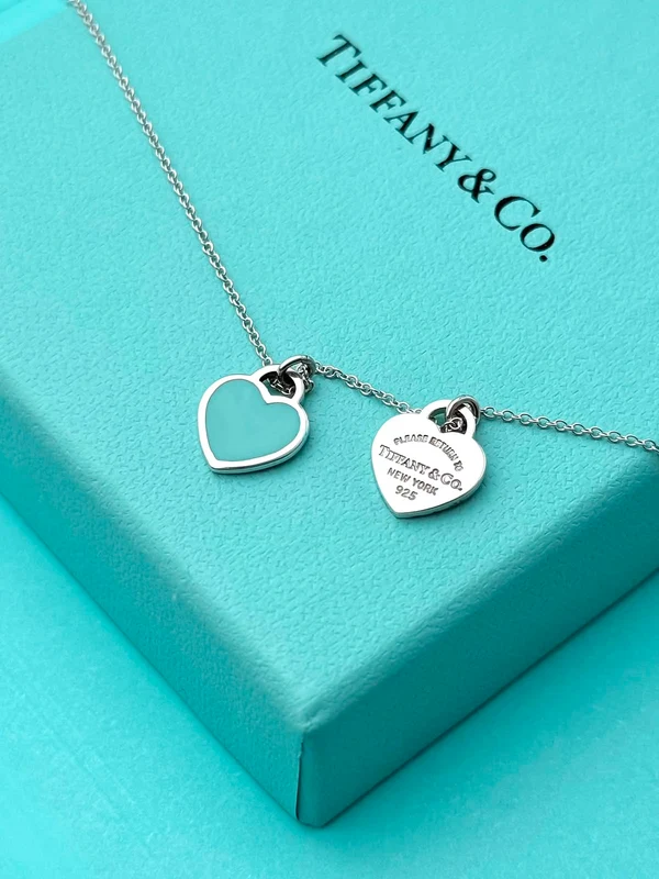 Collar Mini Doble Placa de Corazón Azul en Plata 925 con Kit de Regalo