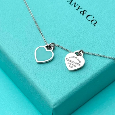 Collar Mini Doble Placa de Corazón Azul en Plata 925 con Kit de Regalo