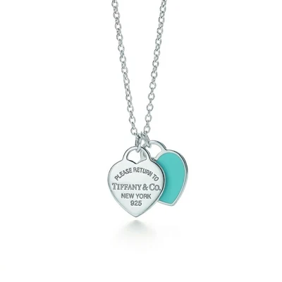 Collar Mini Doble Placa de Corazón Azul en Plata 925 con Kit de Regalo